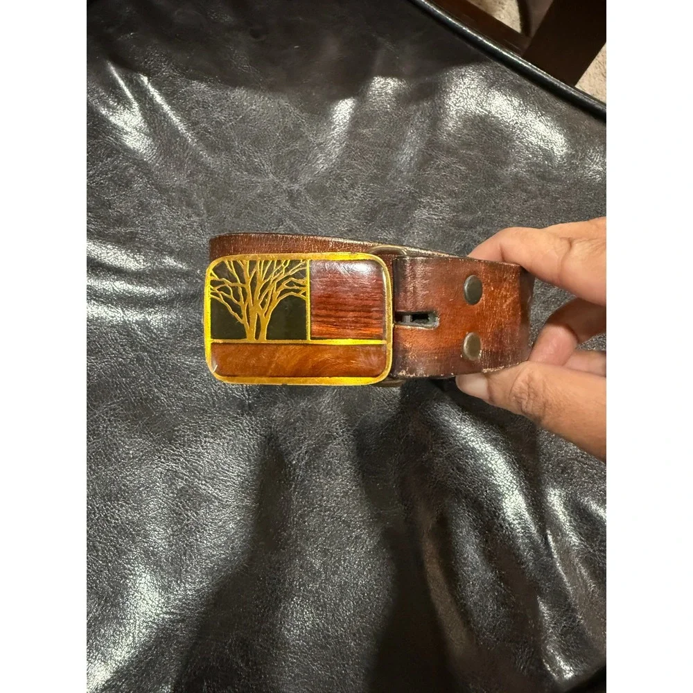 Vintage Harmony Metal Solid Brass Tree Belt Buckle‎ Wood Inlay Brown Leather USA